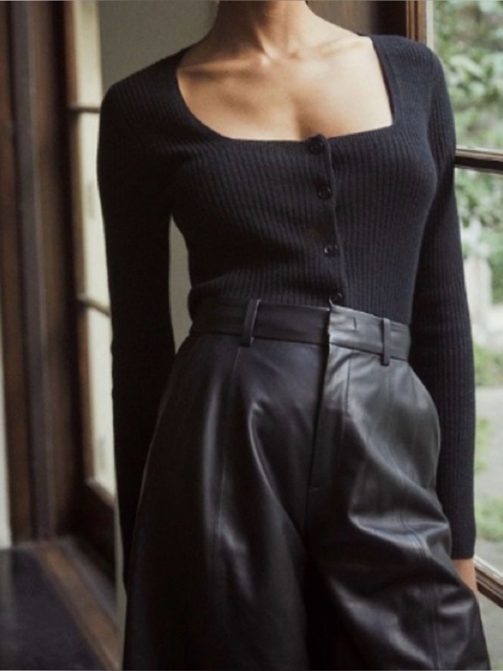 Vince Square Neck Black Cashmere Cardigan Sweater with Button Front